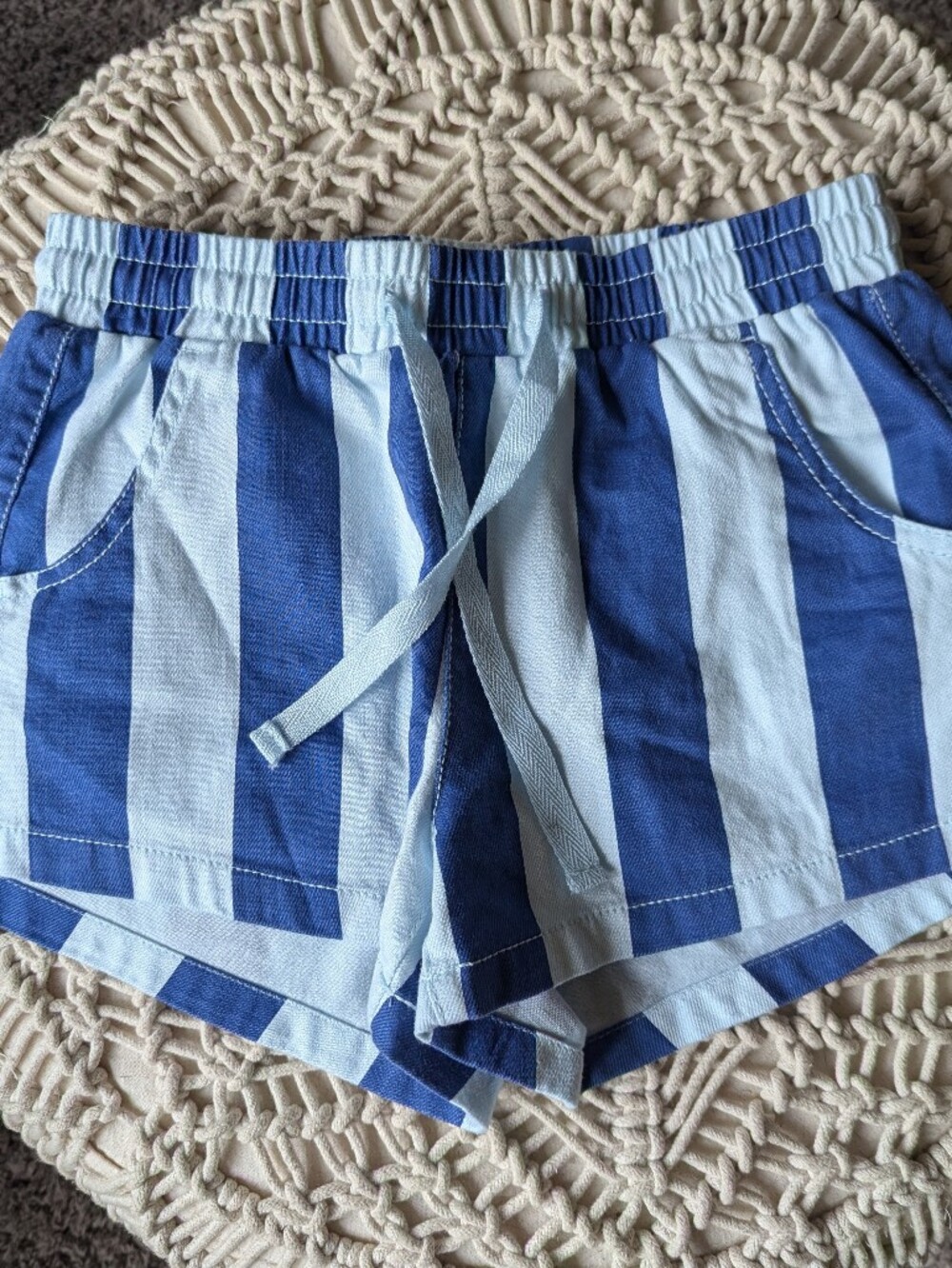 Light Blue & Navy Striped Juniors Drawstring Shorts